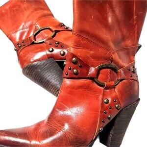 Harley-Davidson Women's Orange Leather Western Mid-Calf Studded Boots 10